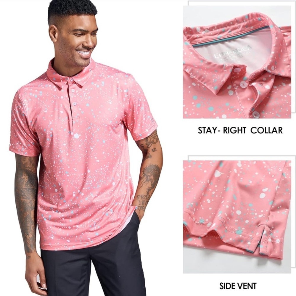 Ephemoca Pink Splatter Casual‎ large Button Down Shirt golf athletic athlesure